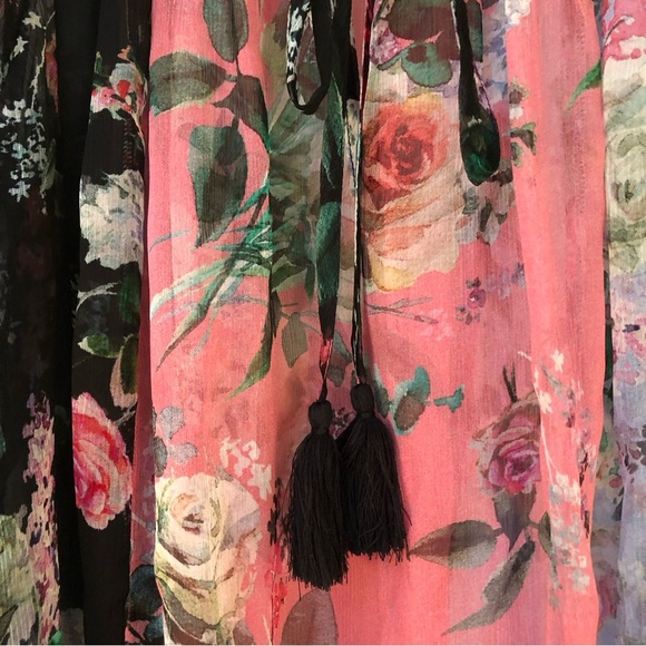 Johnny Was silk floral blouse pink black and light blue sheer tassel neck S - Picture 2 of 8